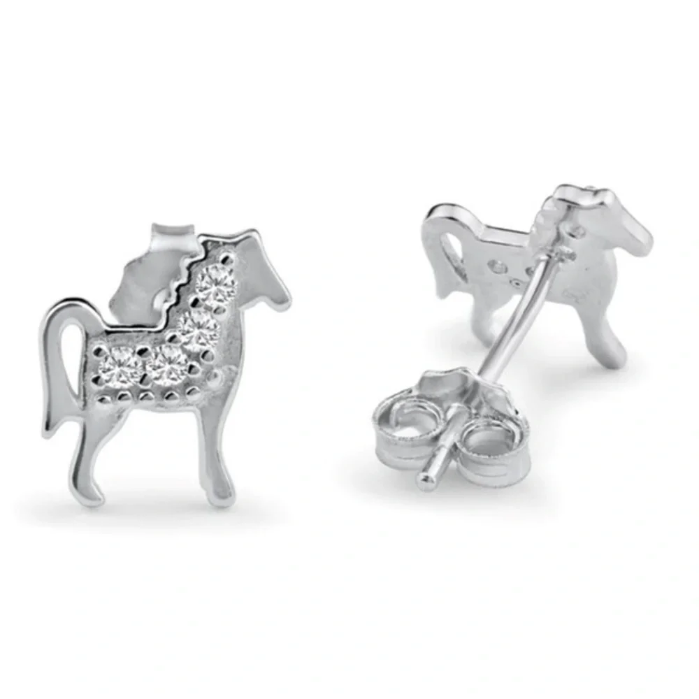New Silver 925 Rhodium Plated Horse Earrings Clear CZ pushback Earrings